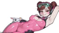 1girl ai_generated alternate_hairstyle anthro arm_behind_head arm_up armpits biting bodysuit breasts brown_eyes brown_hair cameltoe cleavage covered_navel covered_nipples d.va decurse double_bun eyewear_on_head facial_mark gloves hair_bun headphones lip_biting lips looking_at_viewer lying medium_breasts official_alternate_costume overwatch seductive_smile shiny shiny_clothes shiny_skin simple_background skin_tight smile solo whisker_markings white_background white_gloves