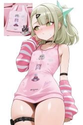 1girls alternate_version_available angels_of_delusion arm_warmers blush choker female flat_chest green_eyes green_hair hair_ornament hairclip kfc nipple_bulge reference_image solo sunna_(zenless_zone_zero) thigh_strap weimiaw zenless_zone_zero