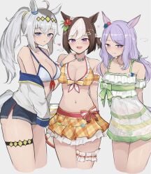 3girls bangs belly belly_button bikini bikini_skirt bikini_top breast_to_breast breasts_touching brown_hair coat_on_shoulders heart hips horse_ears horse_tail jean_shorts legs long_hair mejiro_mcqueen_(umamusume) midriff oguri_cap_(umamusume) panties petite petite_female pigtails ponytail purple_hair see-through_clothing short_hair silver_hair small_breasts special_week_(umamusume) swimsuit umamusume umamusume_pretty_derby