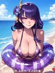 :p ai_generated beach big_ass big_breasts big_butt big_thighs bikini blush braid braided_hair ezuna flower_in_hair genshin_impact huge_ass huge_breasts huge_butt huge_thighs purple_bikini purple_eyes purple_hair raiden_shogun wanuze wide_hips