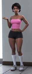 3d black_hair blender_(software) brown_hair clementine_(the_walking_dead) curvy curvy_figure dark-skinned_female dark_skin gym gym_uniform japanese_clothing large_ass light-skinned_female light_skin medium_breasts nipples nipples_visible_through_clothing petite red_l shirt short_hair shorts sneakers socks sports_uniform t-shirt the_walking_dead the_walking_dead_game thick_thighs thighs tied_hair video_game_character