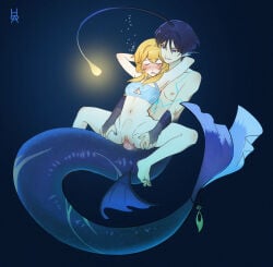 1boy 1girl blonde_female blonde_hair blue_eyes blush female female_penetrated genshin_impact human_female legs_spread lumine_(genshin_impact) male male/female male_penetrating mermaid mermaid_tail merman penis_in_pussy pleasure_face pussy scaramouche_(genshin_impact) sea_creature sex sex_in_water stomach_bulge straight tail underwater underwater_sex vaginal_penetration