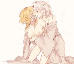 1boy 1girl bandaged_hand blonde_female blonde_hair breasts breasts_out female genshin_impact hugging_from_behind kaedehara_kazuha kissing light_skin loose_clothes lumine_(genshin_impact) making_out male male/female red_eyes sex straight white_hair