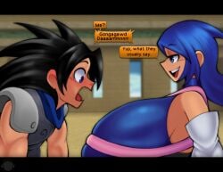 aqua_(kingdom_hearts) big_breasts black_hair blue blue_eyes blue_hair blush blushing dialogue final_fantasy final_fantasy_vii hyper_breasts kingdom_hearts sketchydrawin spiky_hair text zack_fair