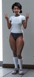 3d black_hair blender_(software) brown_hair clementine_(the_walking_dead) curvy curvy_figure dark-skinned_female dark_skin gym gym_uniform japanese_clothing large_ass light-skinned_female light_skin medium_breasts nipples nipples_visible_through_clothing petite red_l shirt short_hair shorts sneakers socks sports_uniform t-shirt the_walking_dead the_walking_dead_game thick_thighs thighs tied_hair video_game_character