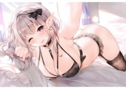 1girls armpits arms_up ass bra breasts breasts_out collar earrings elf elf_ears elf_female elf_girl female female_only frilled_bra frills garter_belt garter_straps gray_hair hair_ribbon highres large_breasts long_hair lying lying_on_stomach original pointy_ears solo solo_female sora_72-iro stockings straight_hair thighhighs