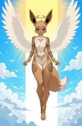 1girls 2026 ai_generated angel angel_wings anklet anthro bracelet brown_fur choker digitigrade ear_piercing eevee female female_only flat_chest flying generation_1_pokemon gold_jewelry half-closed_eyes halo hi_res innie_pussy jewelry nintendo nipples nude nude_female outdoors pink_nipples pokemon pokemon_(species) purple_eyes pussy smile tattoo tattoo_on_belly tattoo_on_chest tattoo_on_thigh tattooed_arm tattoos white_feathers wings zonoya_(artist)