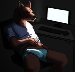 1boy anthro brown_fur bulge canine cigarette clothed clothing computer erection fur furry keyboard male male_only mammal mouse penis rodent sepulte smoking solo underwear white_underwear