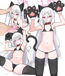 1boy 1girl absurdres animal_ear_hairband animal_ears animal_hands arms_up ass_visible_through_thighs belt_collar bikini black_bikini black_bow black_hairband black_thighhighs blue_archive blush bow bright_pupils cat_ear_hairband cat_ears cat_tail censored collar commentary cowboy_shot double-parted_bangs english_commentary fake_animal_ears fake_tail flat_chest gloves hair_between_eyes hair_bow hairband halo highres imminent_fellatio kei_(blue_archive) kei_(student)_(blue_archive) kneeling long_hair lying micro_bikini multiple_views navel novelty_censor on_back open_mouth paid_reward_available paw_gloves penis pink_eyes rectangular_halo red_collar sari_(zakura27502762) sidelocks simple_background skindentation spread_legs standing stomach sweat swimsuit tail teeth thighhighs thighs very_long_hair white_background white_hair white_pupils