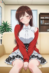 1boy 1girl absurdres adult ai_assisted ai_generated bangs big_breasts blush book bookshelf breasts brown_eyes brown_hair cardigan chizuru_mizuhara collared_shirt couch female frilled_skirt heeven highres indoors kanojo_okarishimasu large_breasts long_hair looking_at_viewer male mature mizuhara_chizuru nitta_minami on_couch one_eye_closed patreon patreon_username perfect_body plant polka_dot polka_dot_skirt sensitive shirt sitting skirt sleeveless sleeveless_shirt smile solo sweat uncensored white_shirt