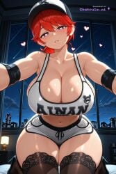 1girl ai_assisted ai_generated anna_anon bare_shoulders bedroom black_heels black_lingerie black_thighhighs blush cleavage collarbone curvaceous_body curvaceous_hips curvaceous_thighs curvy detailed_face floating_hearts from_below half_closed_eyes hat heart_shaped_pupils heart_symbol high_quality hourglass_body huge_breasts huge_hips huge_thighs lace_panties lace_thighhighs large_breasts large_thighs looking_at_viewer massive_thighs midriff navel night parted_lips perfect_body pov seductive_eyes shiny_skin short_shorts shorts sports_bra thick_hips thick_legs thick_thighs thighs thighs_bigger_than_head voluptuous white_shorts wide_hips window