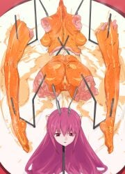 1girl absurdres amputee animal_ears anus breasts cannibalism decapitation elfen_lied execution food fork guro highres john0819 large_breasts lucy_(elfen_lied) meat pink_eyes pink_hair pussy quadruple_amputee severed_head solo stab tray