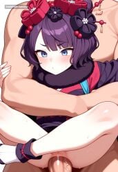 1girl ai_assisted ai_generated anal anal_penetration big_dick blue_eyes carrying dark_purple_hair fur_collar hair_flower hairpin leg_lock short_hair tabi