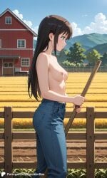 1girls ai_generated barn breasts casual casual_nudity denim encoder farm farmgirl female field jeans outdoors public public_nudity topless