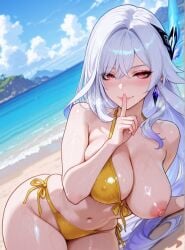 ai_generated beach bikini blush breasts genshin_impact hair_between_eyes hair_ornament lips long_hair nipples skirk_(genshin_impact) straight_hair white_hair