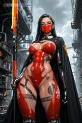 1girl 3d abs ai_assisted ai_generated armor ass black_hair blue_eyes choker cloak close_up clouds devious devious_smile factory g_string grey_sky headgear helmet holding_polearm looking_at_viewer mechanical_arms mechanical_legs mechanical_parts mouth_mask muscle_definition neon_trim oiled_body photorealistic portrait proud punk realistic red_bodysuit seductive seductive_look serious shrug_(clothing) standing stellar_blade sultry toned topless wide_hips
