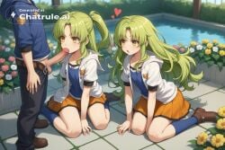 1girl ai_assisted ai_generated belt big_tits blowjob blue_shirt blue_socks brown_shoes cock_out daylight excited_face flat_chest flowers garden green_hair huge_tits jiggling_tits long_hair on_knees open_hoodie orange_skirt penis pins ponytail sex source_anime spring sundress sunglasses white_hoodie yellow_eyes