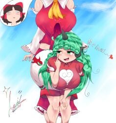 1futa 1girls absurd_res artist_name ass_bigger_than_head aunn_komano bent_over big_breasts blue_sky blush bulge cloud dizzy_eyes erection futanari green_eyes green_hair heart_symbol hi_res huge_ass huge_breasts huloid34 miko precum red_bow red_clothing reimu_hakurei small_dom_big_sub smile teasing throbbing_penis touhou