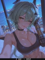 1girl ai_generated breasts caesar_king cleavage frenzyai hair_ornament large_breasts looking_at_viewer navel selfie solo yellow_eyes zenless_zone_zero
