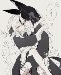 1boy 1girl ass_grab blush clothed_sex female fox_boy fox_ears genshin_impact japanese_text leg_up leg_up_sex lumine_(genshin_impact) maid maid_apron maid_headdress maid_uniform male male/female male_maid saliva_string sex skirt_lift standing_on_one_leg standing_sex straight tighnari_(genshin_impact) vaginal_penetration