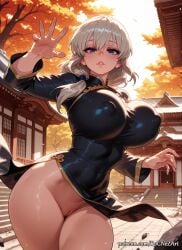1girl 2026 ai_generated anime architecture bangs black_dress blue_eyes blush boobs breasts china_dress chinese_clothes cleavage commando covered_navel covered_nipples crossover curvy dress east_asian_architecture explicit eye_contact female female_focus flushed grey_hair highres huge_breasts impossible_dress large_breasts lips long_hair long_sleeves looking_at_viewer mature_female no_panties nsfw outdoors parted_lips patreon patreon_username pussy rognezart shrine solo spread_pussy thick_thighs thighs tree uzaki-chan_wa_asobitai! uzaki_tsuki very_long_hair wind wind_lift