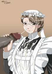 1boy 1girls big_penis breasts brown_eyes brown_hair bukkake cum emma_(victorian_romance_enma) facial female glasses hair huge_cock penis victorian_romance_emma