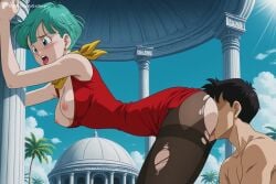 1boy 1girl ai_generated aqua_hair ass bent_over black_hair black_pantyhose blue_eyes blush breasts breasts_out bulma_briefs clothed_female_nude_male cloud cunnilingus day digitalwaifugallery dragon_ball dress earrings green_hair hetero hi_res high_quality high_resolution jewelry large_breasts medium_breasts nipples no_bra nude open_mouth oral outdoors palm_tree pantyhose patreon pillar red_dress scarf seductive sexy short_hair sky tongue tongue_out torn_clothes torn_pantyhose tree uncensored watermark