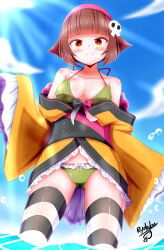 adapted_costume bemani blush cleavage closed_mouth kanoko_(pop'n_music) kimono konami looking_at_viewer panties pop'n_music signature smile thighs v-shaped_eyebrows