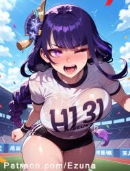 ai_generated big_ass big_breasts big_butt big_thighs blush bouncing_breasts braid braided_hair ezuna flower_in_hair genshin_impact huge_ass huge_breasts huge_butt huge_thighs purple_eyes purple_hair raiden_shogun sportswear wanuze wet wet_body wide_hips