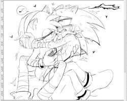 000011nsfw amy_rose amy_rose_(boom) arm_wraps art_program_in_frame bite_mark bite_mark_on_shoulder blush ear_blush erection eyes_rolling_back female_on_top femdom flushed greyscale gritted_teeth handjob handjob_with_gloves heart knee_blush leg_wraps malesub monochrome musical_note overstimulation penis scarf shoulder_blush sitting_on_lap sketch sonic_(boom) sonic_(series) sonic_boom sonic_the_hedgehog sonic_the_hedgehog_(series) tremble_spikes trembling