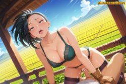 1boy 1girl ahegao ai_generated aqua_bra bare_shoulders black_hair blue_eyes blue_sky blush boku_no_hero_academia bra breasts brown_gloves censored cleavage clothed_sex cloud collarbone covered_nipples cowgirl_position cum cum_in_pussy cum_overflow day dutch_angle ejaculation fence field flower_field garter_belt girl_on_top gloves green_bra green_panties grey_eyes hair_pulled_back hetero large_breasts lingerie lying momo_yaoyorozu mosaic_censoring mountain mountainous_horizon my_hero_academia navel nivora on_back open_mouth orgasm outdoors panties penis ponytail pubic_hair public_indecency pussy rolling_eyes saliva sex sky solo_focus straddling sweat teeth thighhighs tongue tongue_out trembling uncensored underwear underwear_only upper_teeth_only vaginal white_shirt wooden_fence yaoyorozu_momo