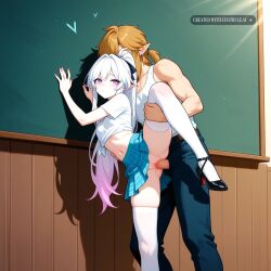 1girl 2d against_wall ai_assisted ai_generated chalkboard checkered_skirt doggy_style doggy_style_sex dripping_pussy facing_forward forced from_behind gradient_hair hand_on_back hand_on_neck head_turned looking_away looking_away_from_viewer looking_forward midriff nails purple_eyes white_hair white_pupils