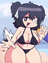 absurdres beach bikini black_bikini breasts fox_girl fox_tail highres nosukari_saito swimsuit tail