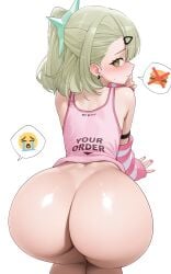 1girls all_fours angels_of_delusion arm_warmers ass ass_focus big_ass blush choker ear_piercing earrings female green_eyes green_hair hair_ornament hairclip kfc piercing solo sunna_(zenless_zone_zero) weimiaw wide_hips zenless_zone_zero
