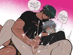2boys black_shirt blush bottomless boxer_briefs brothums cum cum_on_body cum_on_hands ejaculation english_text gay handjob lighter_(zenless_zone_zero) male male_focus male_only male_underwear moji00x00x multiple_boys open_mouth shiny_skin shirt speech_bubble spread_legs t-shirt uncensored underwear wise_(zenless_zone_zero) yaoi zenless_zone_zero