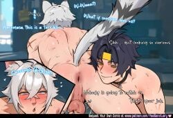 2boys ai_assisted ai_generated asaba_harumasa ass_focus bent_over big_ass blushing boypussy caption comic dialogue english english_text femboy gay handjob male_only moaning_in_pleasure muscular_male public_exposure public_nudity public_sex self_upload seth_lowell soft_ass text zenless_zone_zero