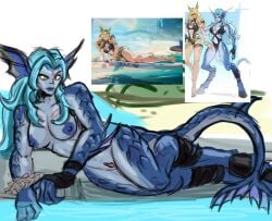 blue_hair fish_girl fish_tail magik_(illyana_rasputin) magik_(marvel_rivals) marvel marvel_rivals monster_girl_(genre) naked naked_female nipples non-human scales