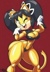 1girls anthro big_breasts black_hair boob_window breasts cleavage_cutout digital_media_(artwork) domestic_cat eyelashes felid feline felis female female_focus female_only fingers flexing flexing_bicep furry gloves headband hi_res honey_the_cat long_tail looking_at_viewer mammal multicolored_body multicolored_fur orange_eyes red_background redraw sega simple_background skimpy skimpy_clothes smile solo sonic_(series) sonic_the_fighters sonic_the_hedgehog_(series) tan_body tan_fur tansau thick_thighs tongue twintails twintails_(hairstyle) two-tone_body two-tone_fur wide_hips yellow_body yellow_fur