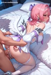 1girls ai_generated angel arm_grab arm_pull arm_pull_doggy_style backshots big_breasts bow breasts cum cum_drip cum_in_pussy cum_inside cum_on_bed cum_on_body cum_on_breasts doggy_style dynasssty feathered_wings feathers hair_bow hair_ribbon high_heels large_breasts lingerie looking_back on_bed patreon penis pink_eyes pink_hair remielle_(zenless_zone_zero) remielle_dan stockings submissive submissive_female tagme thighhighs tits white_dress white_stockings wings zenless_zone_zero
