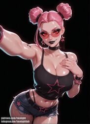 1female 1girl 1girls ai ai_generated anime big_ass big_breasts big_thighs black_lipstick curvy denim_shorts female_only fortnite haze_(fortnite) large_breasts lavnight makeup narrow_waist pink_hair red_eyes sexy shorts solo_focus surf_witch_(fortnite) topwear wide_hips