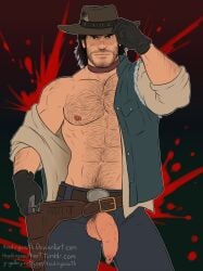 1boy abs artist_name bara beard_stubble biceps black_hair chest_hair closed_mouth commentary cowboy_hat deviantart_username facial_hair foreskin hand_on_headwear hat headingsouthart highres john_marston male_focus muscular muscular_male pectorals penis red_dead_redemption red_dead_redemption_(series) smile stomach_hair stubble testicles tumblr_username
