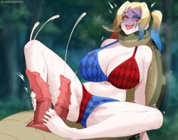 1boy 1girls batman_(series) big_breasts blonde_hair blue_hair blurry_background bra choking commission cum dc dc_comics deepspace diphallia diphallism ejaculation female footjob harley_quinn hypnoroxa hypnotic_eyes hypnotized kaa_eyes large_breasts legs_apart male narrowed_eyes open_mouth panties penis red_hair red_lipstick snake snake_penis three-tone_hair tongue_out twintails zoophilia
