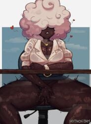 afro annette_apricot biting_lip boob_sweat dark-skinned_female fingering_self goonette moaning_in_pleasure notnoctam office_clothing office_lady pervert_female pussy_juice_drip sweaty_body trying_to_be_quiet under_desk white_hair