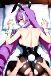 1boy 1girls ai_generated all_fours animal_ears ass back backboob bare_shoulders breasts clothing_aside detached_collar doggy_style facing_away fake_animal_ears fake_tail female female_focus from_behind heart highleg_leotard large_breasts leotard leotard_aside macross_delta male mikumo_guynemer pantyhose penis pillow playboy_bunny pov pussy rabbit_ears rabbit_tail sex sex_from_behind sheet_grab solo_focus straight strapless strapless_leotard sweat tagme tail torn_clothes torn_pantyhose vaginal_penetration video wrist_cuffs