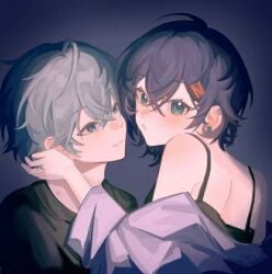 1boy 1girl belle_(zenless_zone_zero) caught_in_the_act implied_incest incest looking_at_viewer nonsexual pov short_hair wise_(zenless_zone_zero) zenless_zone_zero