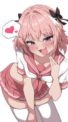 1boy absurdres astolfo_(fate) astolfo_(sailor_paladin)_(fate) blush bow crossdressing crossdressing_(mtf) fate/apocrypha fate_(series) hair_bow hashira_14 heart highres looking_at_viewer male_focus miniskirt open_mouth paid_reward_available pink_hair pink_skirt purple_eyes skirt solo speech_bubble thighhighs trap white_background white_thighhighs
