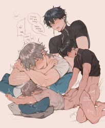 2boys black_hair black_shirt blush bottomless caelus_(honkai:_star_rail) dan_heng_(honkai:_star_rail) english_text grey_background grey_hair highres honkai:_star_rail honkai_(series) lying male_focus male_penetrated moji00x00x multiple_boys on_stomach patreon_username pillow sex sex_from_behind shirt short_hair simple_background speech_bubble sweat trailblazer_(honkai:_star_rail) white_shirt yaoi