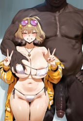 ai_generated android anis_(nikke) anis_(sparkling_summer)_(nikke) bastard big_ass big_breasts big_penis black_body blonde_hair blush cheating dark-skinned_male dark_penis dark_skin dominant fat fat_ass fat_bastard fat_male goddess_of_victory:_nikke hips hips_wider_than_shoulders interracial interracial_sex kissing koikatsufans netorare nikke ntr shiny_skin short_hair thick_thighs thighhighs tongue tongue_out ugly_bastard ugly_man vein veins veiny_penis