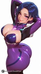 1girl ai_generated arms_behind_head arms_up artist_name ass blizzard_entertainment blue_hair blush bodysuit breasts cleavage d.mon large_breasts lips looking_at_viewer overwatch overwatch_2 overwatch_league parted_lips patreon plugsuit purple_eyes senpai_pixels sensitive shiny shiny_clothes short_hair simple_background skin_tight smile solo sweat twisted_torso white_background
