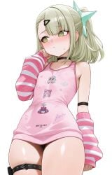 1girls alternate_version_available angels_of_delusion arm_warmers blush choker female flat_chest green_eyes green_hair hair_ornament hairclip kfc nipple_bulge solo sunna_(zenless_zone_zero) thigh_strap weimiaw zenless_zone_zero
